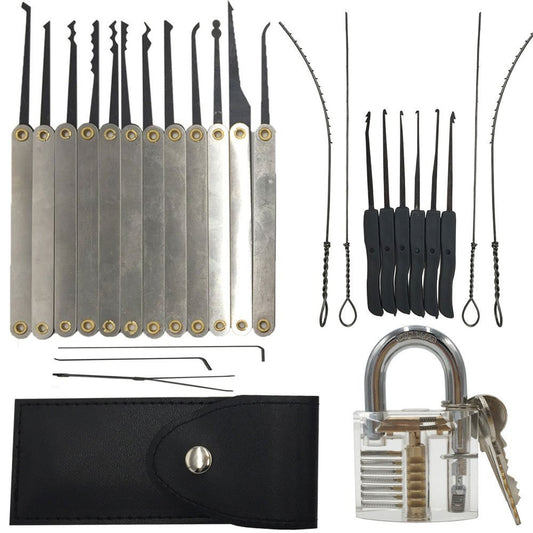 16pcs Lock Pick Locksmith Tool Practice Lock Opener, Locksmith Training Starter Set +10pcs Key Extractor Set + Transparent Practice Padlock Opener Training Tool